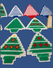 Needlepoint Christmas Trees Ornaments Vintage Handmade Plastic Canvas Qty 15
