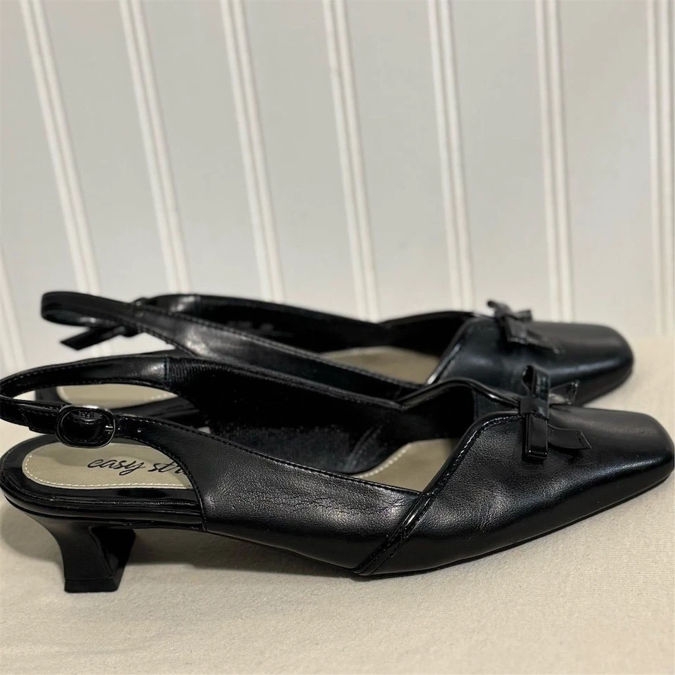 Easy Street 8M Black Slingback Heels Square Toe Low Block Heel Bow Coquette Y2K - Image 4 of 4