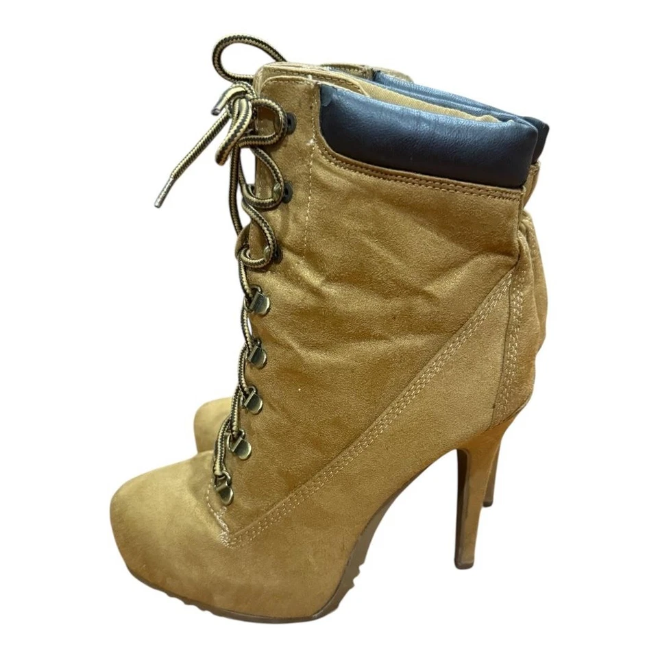 Paprika Lace Up High Heel Boots Womens 10 Tan Faux Suede Stiletto Ankle Booties - Image 4 of 4