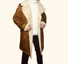 Guess Pea Coat Men's Small Brown Faux Shearling Double-Breasted Jacket MAC141