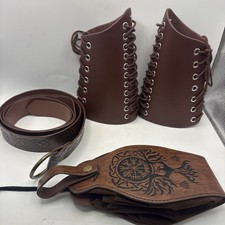 Viking Medieval Leather Accessory Set Bracers Belt Pouch LARP Ren Faire Cosplay