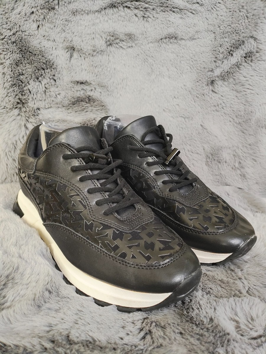 DKNY Women Sneakers 8M Black Geometric Textile Lace Up Low Top