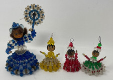 Lot of 4 Vintage Beaded Safety Pin Dolls Parasol Girl Ornaments 3.5  6.5"