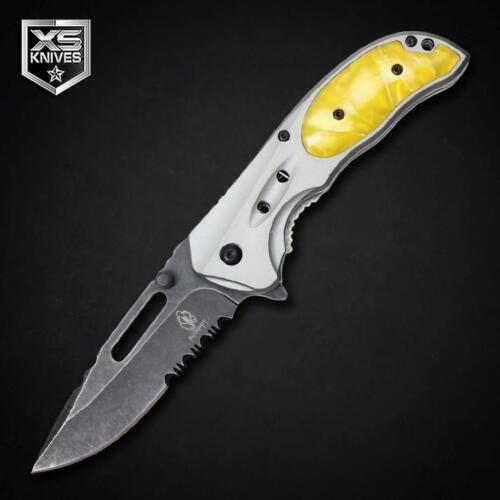 8" STONEWASHED Tactical YELLOW MARBLE Spring Assisted Open Folding POCKET Knife