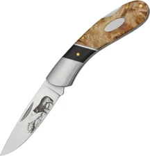 Elk Ridge Wolf Etched Blade Burl Wood Lockback Folding Pocket Knife 072W