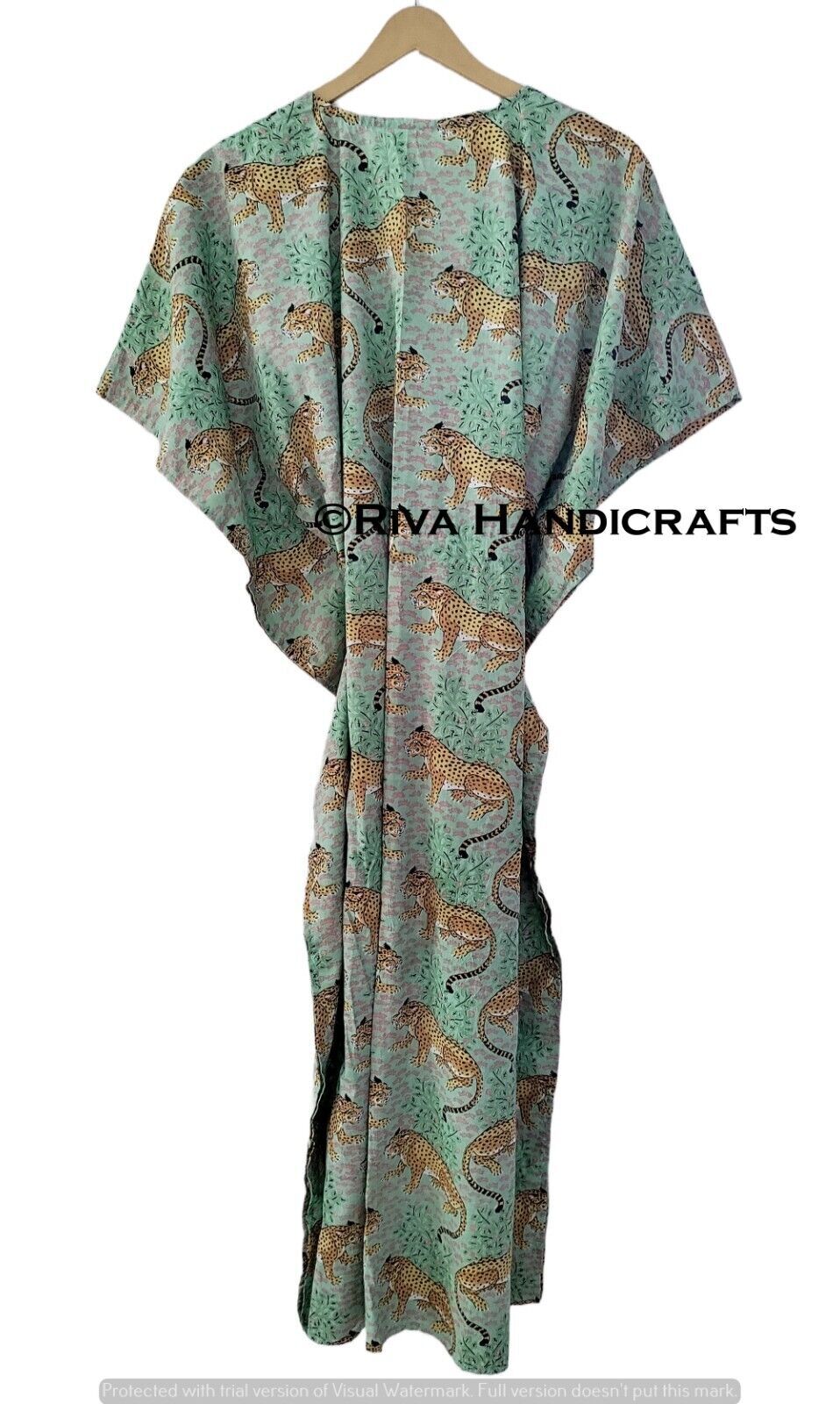 Indian Ethnic Animal Bagheera Print Women Sleepwear MintGreen Caftan