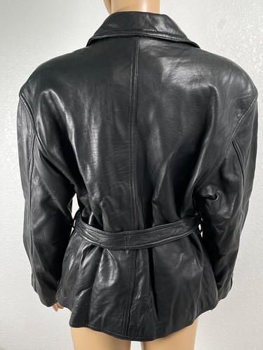 Valerie Stevens Leather Belted Motto Jacket Coat SZ 6 Black Soft Lamb Zip Front - Picture 2 of 9