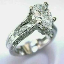 3CT Pear Cut Diamond Lab-Created Engagement Wedding Ring 14K White Gold Plated