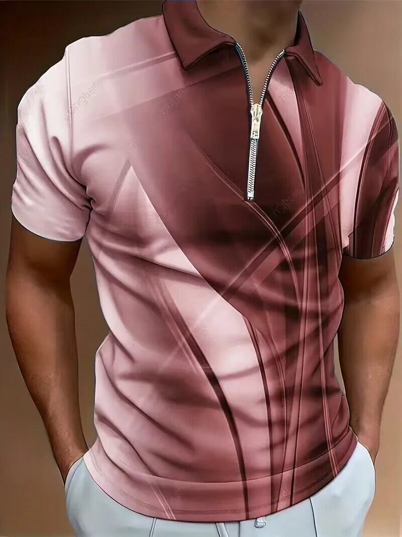 Polo T Shirts Men Zipper Collar Abstract Print Red White Gradient Color Golf Top - Picture 1 of 3