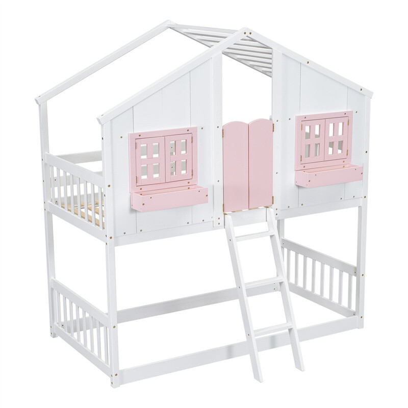 Twin over Twin House Bunk Bed with Roof,Window,Storage Box,Door for Kids Gifts