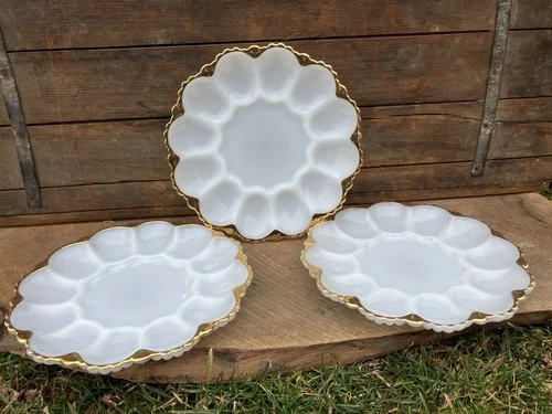VTG Oyster Plate Lot 3 Deviled Egg Dish Gold Trim White Milk Glass Easter