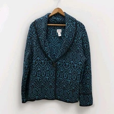 Chico's Angora Wool Sweater Cardigan Green Black Geometric Collar Size 1 US 8