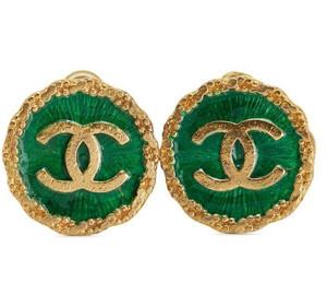 Authentic Vintage CHANEL 96P Coco Mark CC Green and Gold Plated Clip-on Earring