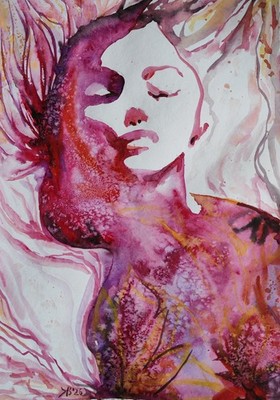 Original Watercolor Woman Abstract Portrait Red Pink Purple Handmade