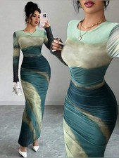 Sage Green Mesh Ruched Maxi Dress | Long Sleeve Bodycon Size Small