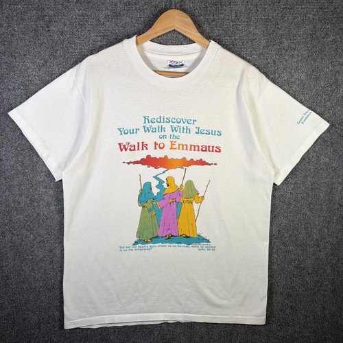 Vintage Jesus Shirt Mens Large White 90s Art Quote Bible Walk With Jesus Quote