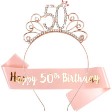 Rose Gold 50Th Birthday Sash and Tiara for Women,Sash and Crown Set - 50Th Birth