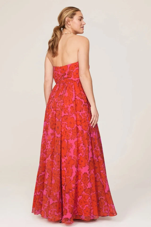 Badgley Mischka Womens Red Floral Drape Strapless Gown Dress Size 6 Retail $1100 - Image 3 of 4