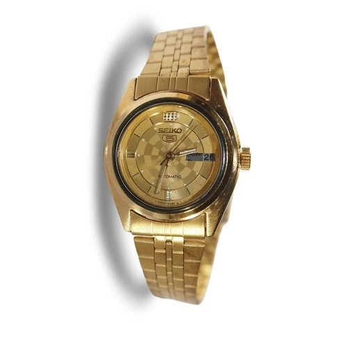 Seiko 5 Automatic Wrist Watch Women OS Gold Tone Day Date 4206-0660 Vintage