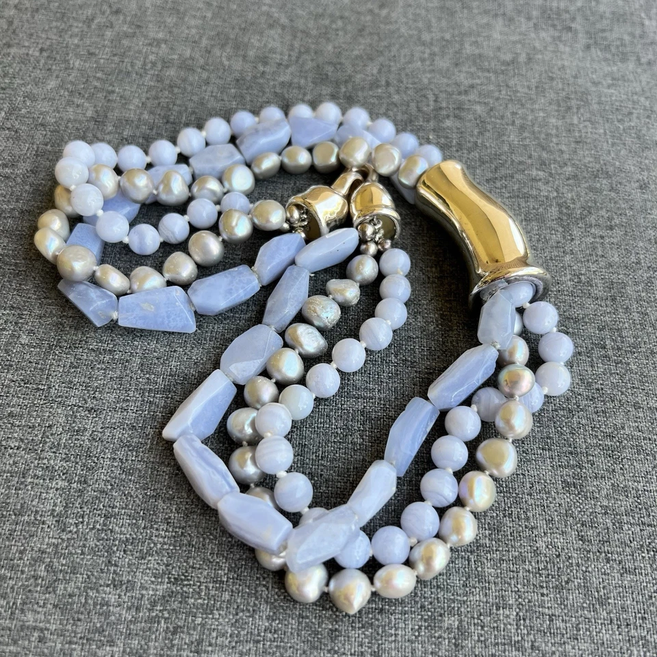 "Collar Simon Sebbag azul de encaje ágata y perlas con brazalete de plata 18""" Foto 4 de 4