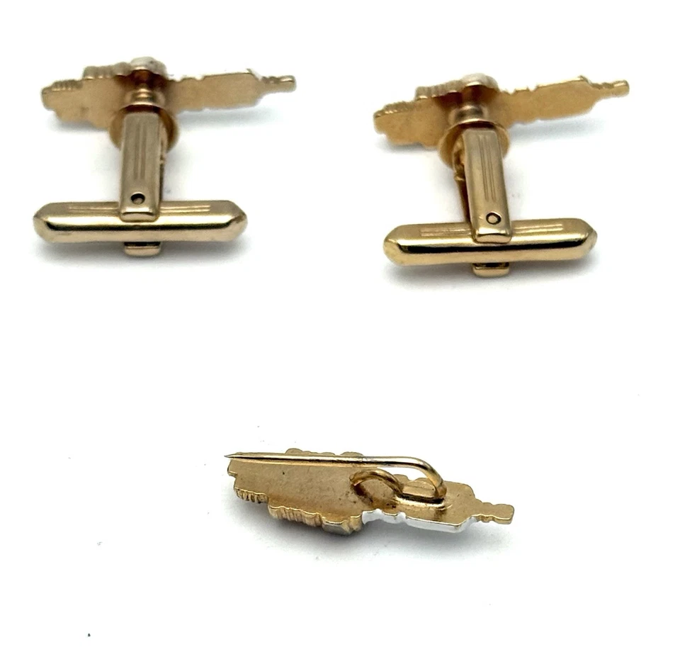 Juego de gemelos y tachuelas de bujía Hickok vintage tono dorado esmalte blanco Foto 3 de 3