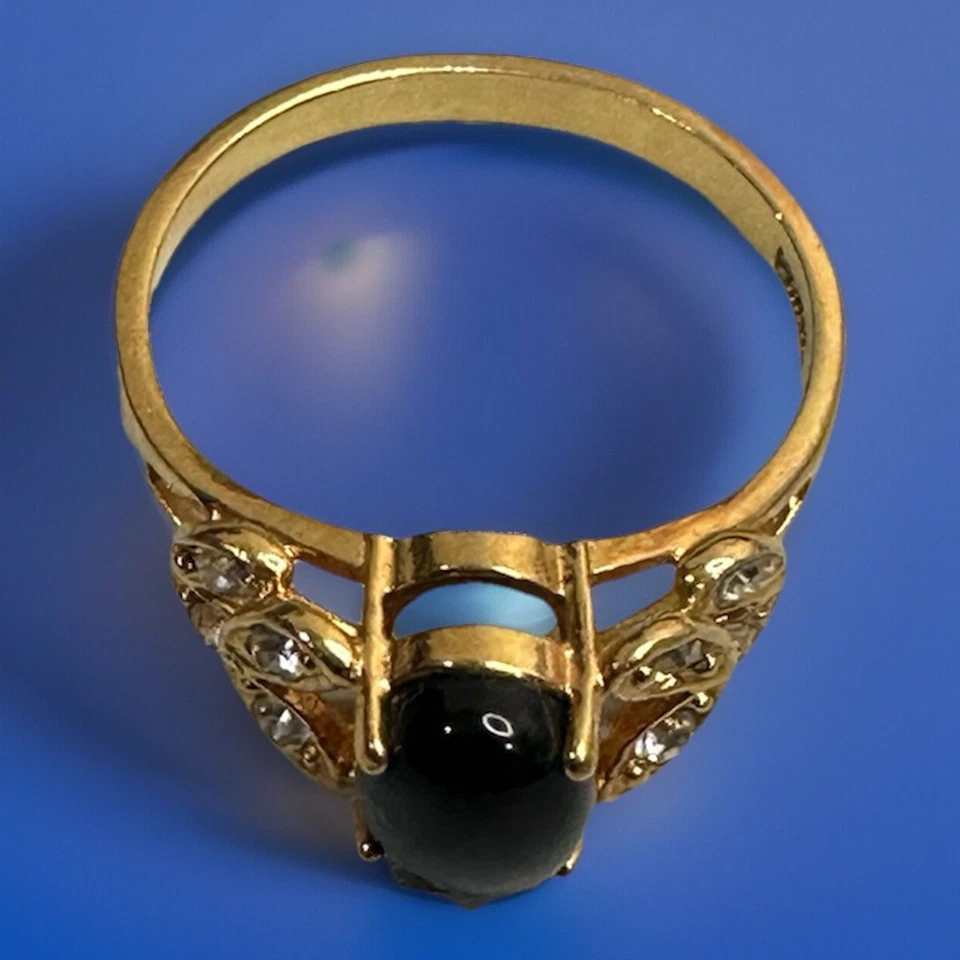 复古女式玛瑙桂冠戒指金色水钻椭圆形凸圆形 8 码 — 第 2/4 张图片