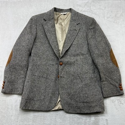 VTG Hunt Valley Sport Coat Mens 41R Gray 100% Wool Donegal Tweed Elbow Patches