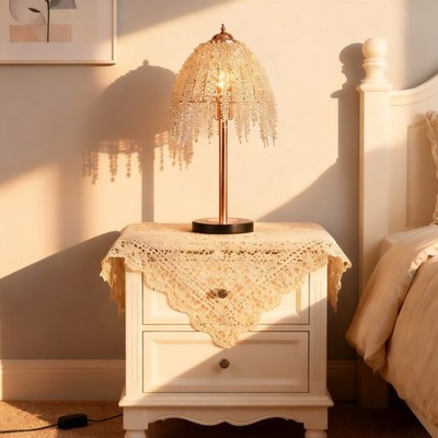 Table Desk Lamp 19'' Gold Vintage Crystal Bead String Shade Bedside Desk Light
