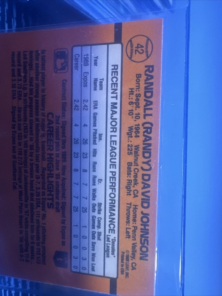 Donruss 1989 - Clasificado Novato Randy Johnson #42 Error Cumpleaños incorrecto Raro (RC) Foto 3 de 3