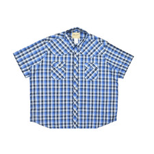 Wrangler Western Shirt Mens 2XL Big Blue Plaid Pearl Snap Short Sleeve Cotton Bl