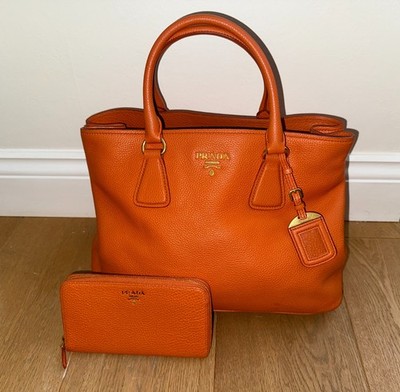 PRADA MILANO ORANGE SAFFIANO LEDER BEUTELTASCHE HANDTASCHE/SCHULTERTASCHE & PASSENDE GELDBÖRSE