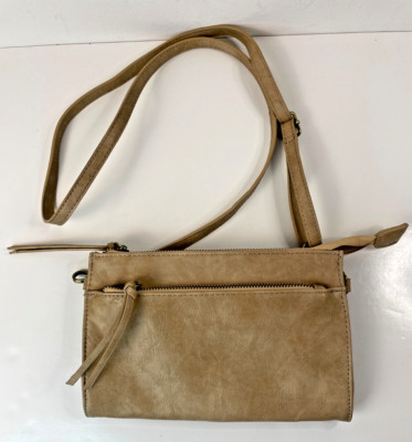 Joy Susan Small Crossbody Purse Shoulder Bag Tan W/ Floral Interior Zip 9''x6''