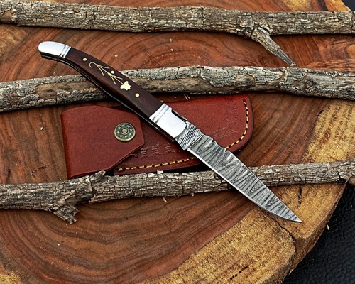 Damascus handmade Folding Knife Pocket knife camping Hunting Knife with Pouch - Picture 10 of 10