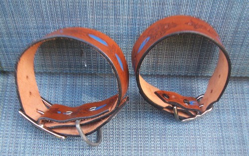 2 Dog Collars, Tan Leather, Embossed & Painted - Both 13" - 16"