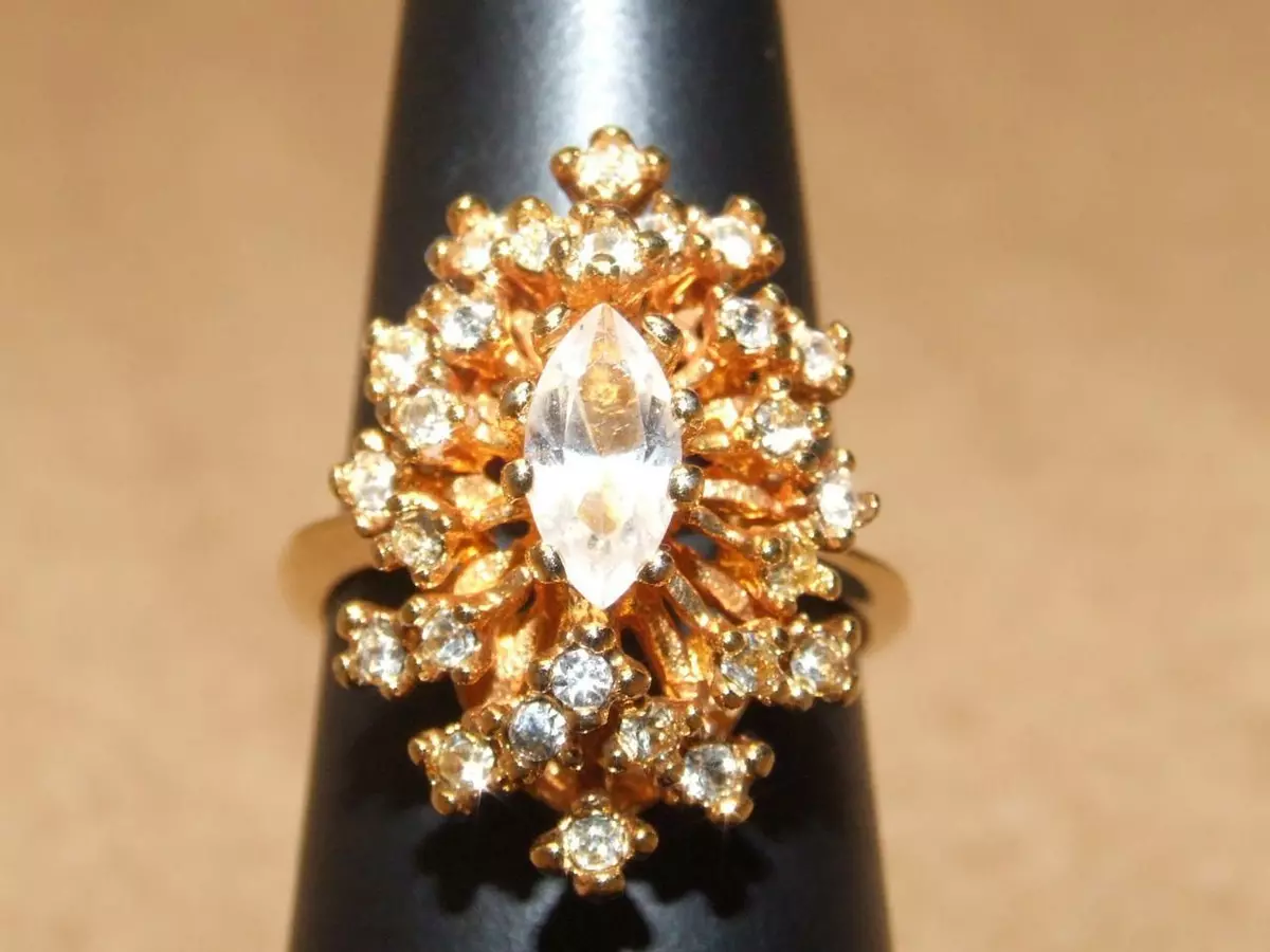 Vtg 70s 18K HGE Gold Plated Clear Rhinestone Navette Cluster