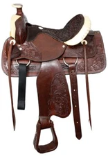 Roper Style Saddle with Rawhide Silver Laced Cantle and Acorn Tooling 16" NEW
