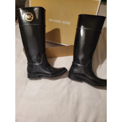MK Michael Kors Logo Black Stockard Tall Rubber Rain Boots