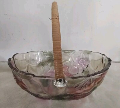 Vintage Indiana Glass Fruit Bowl Wicker Rattan Handle Carnival Iridescent Oval 
