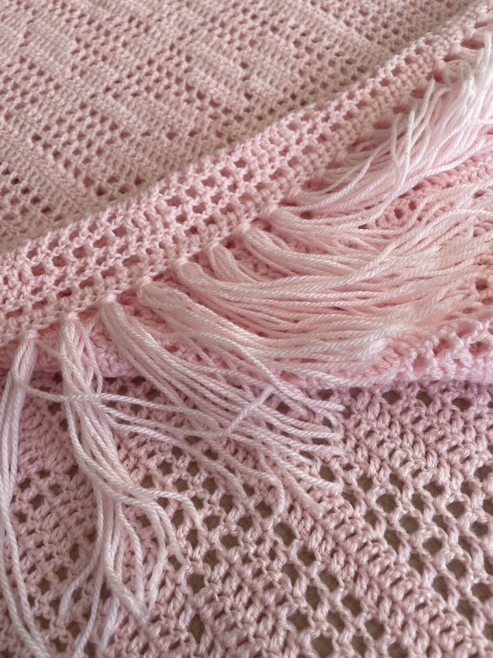 Hand Crochet Pink Throw Blanket 48” x 60” Fringed Bohemian fully