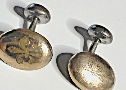 Antique Victorian Cufflinks Oval Fleur De Lis Pair Brass Fixed Backing - Picture 3 of 7