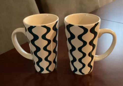 Pier 1 Ironstone 16oz Blue/Cream "Wavy Mod" Coffee/Tea/Cocoa Mugs-set of two