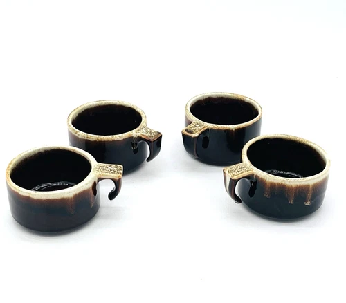 4 Vtg Pfaltzgraff Brown Drip Glaze Tea Cups Coffee Mugs Marked USA Open Handle