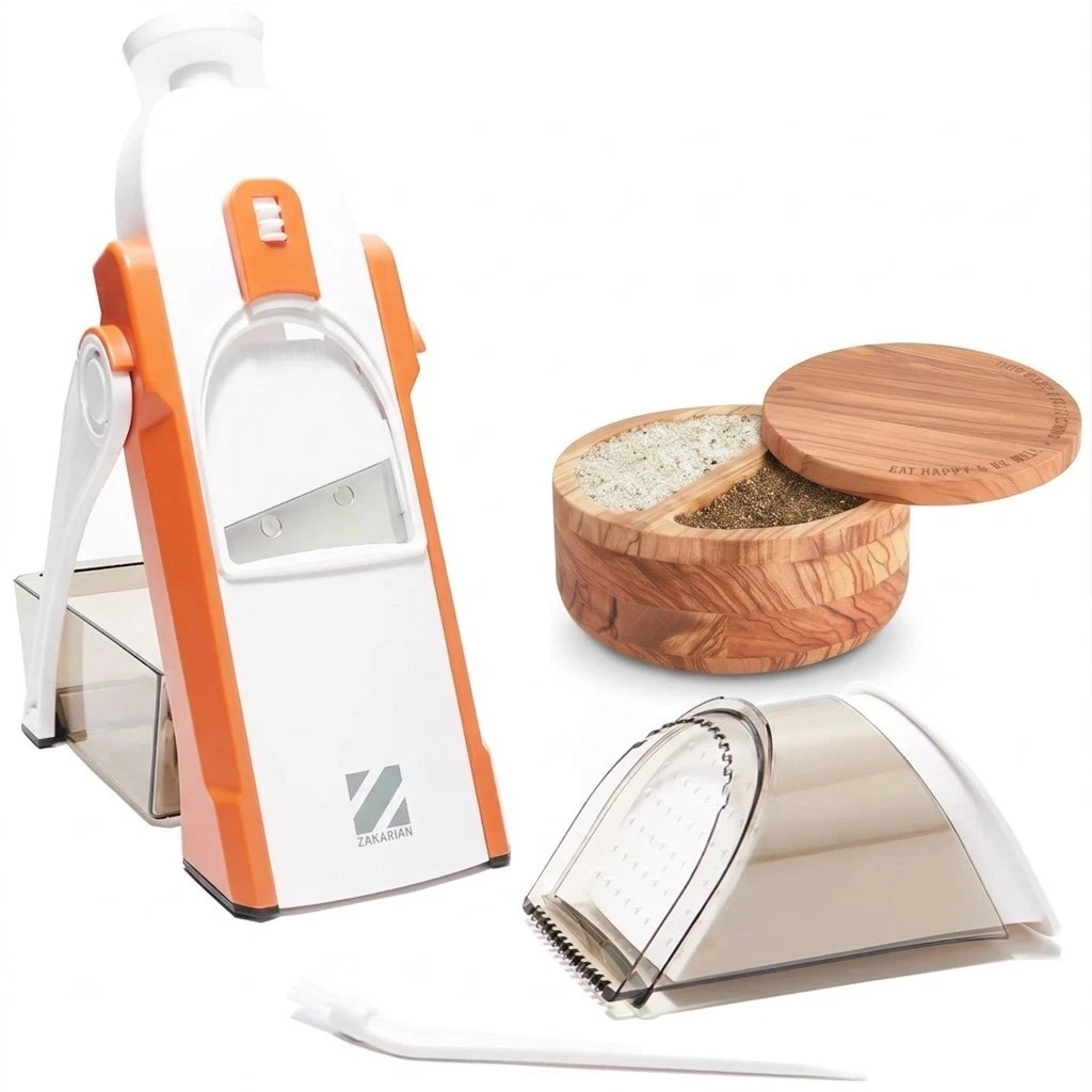 DASH Safe Slice Upright Mandolin Orange + DASH Divided Olivewood Salt Cellar