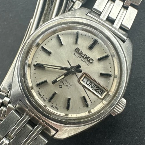 Vtg 1971 Seiko 2706-0020 Automatic Day Date Silver 24mm 6" Running
