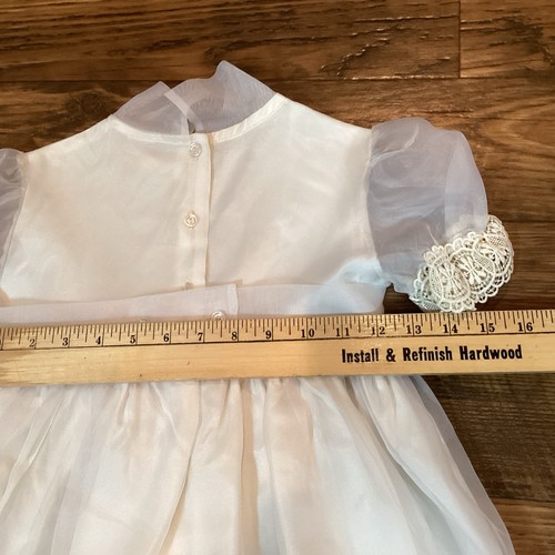 Vtg 60s/70s Sheer Dress Slip SZ 6 Cream Lace Puff Sleeve Button Sash Communion - Picture 3 of 6