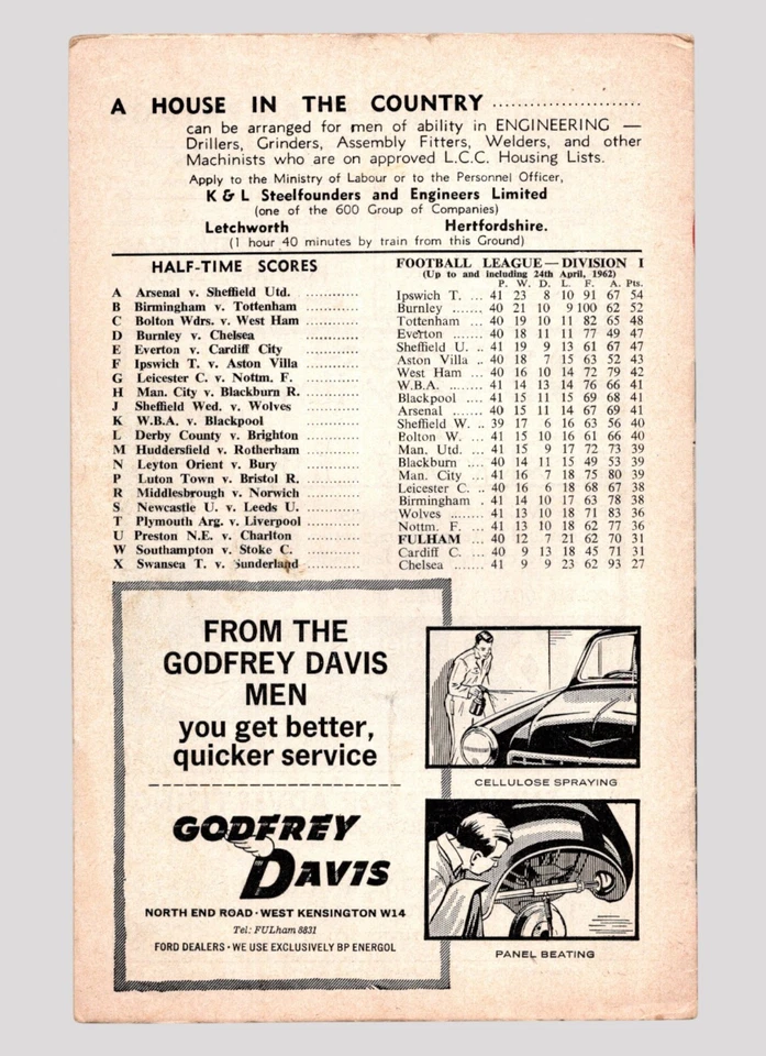 Fulham v Manchester United 1961-1962 Division One 28/04/1962 - Image 2 of 2