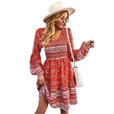 BEACHSISSI BOHO PEASANT PRAIRIE COTTAGECORE LONG SLEEVE SMOCKED BEACHY DRESS M