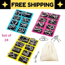 Metal Wire Puzzle Set of 24 with Pouch, Brain Teaser IQ Test Trick Toy for Party