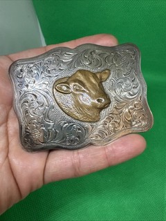 Vintage Sterling Silver Cow Filigree Western Belt Buckle 65 Grams