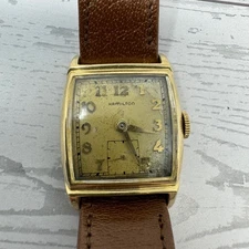 Hamilton Vintage 14K Gold Filled Rectangular Men's Watch Brown Leather Band Tank